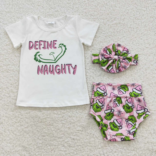 GBO0169 Christmas Green Face Short Sleeve Bummies Set with bow