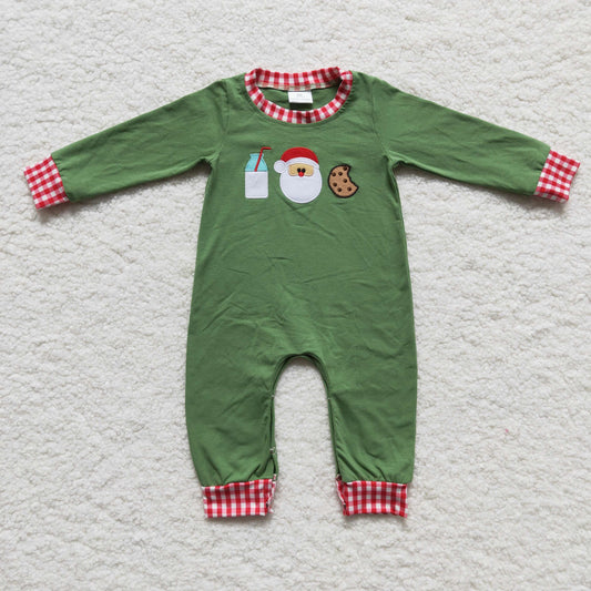 USA SHOP LR0232 Christmas Green Milk Santa Cookie Embroidery Boys Romper