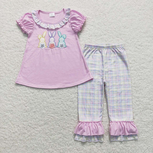 GSPO0977 embroidery Easter rabbit flower purple short sleeve striped pants girls set