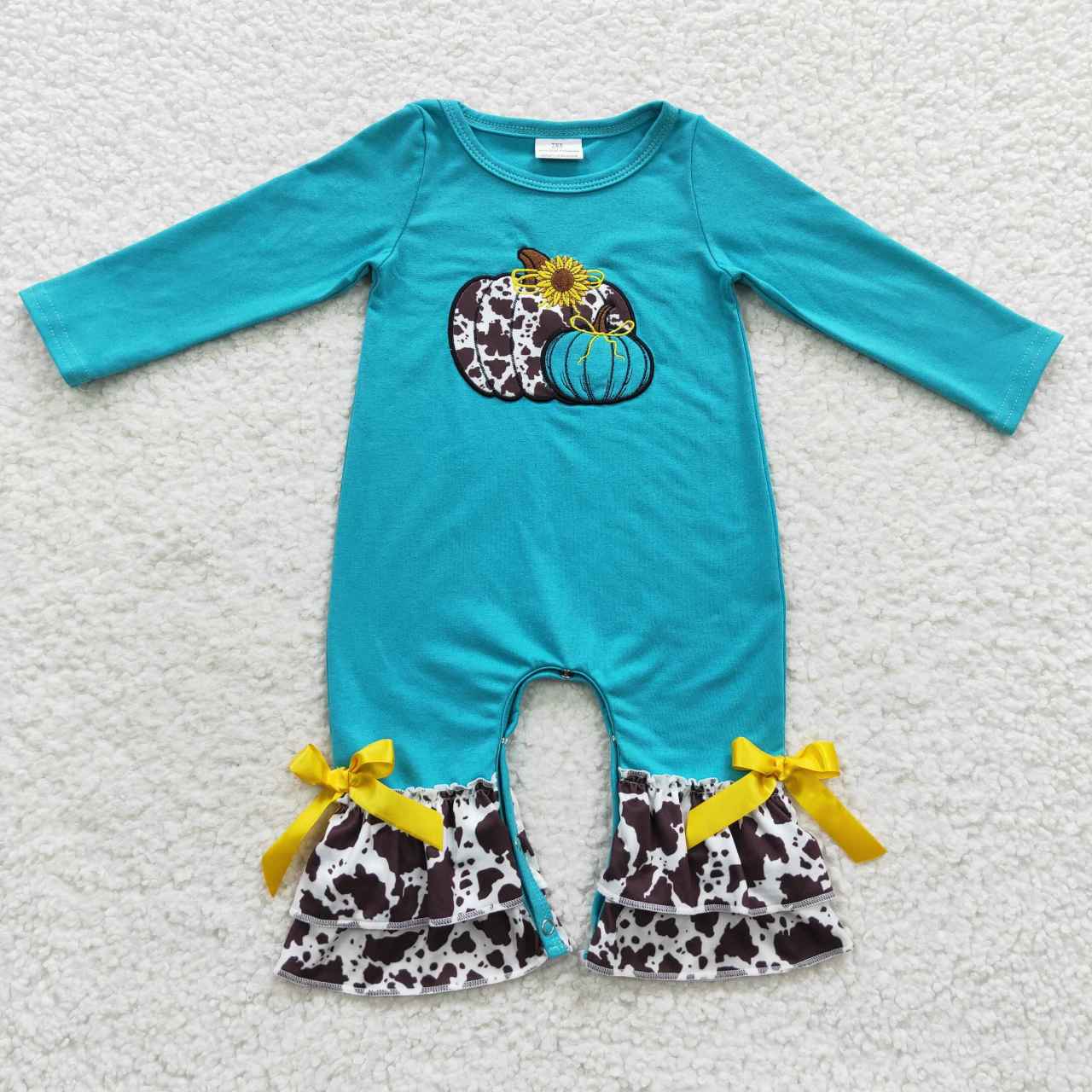 LR0354 Pumpkin Flowers Blue Long Sleeves Kids Romper