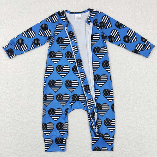 LR0850 July 4th flag heart long sleeve blue boys zipper romper