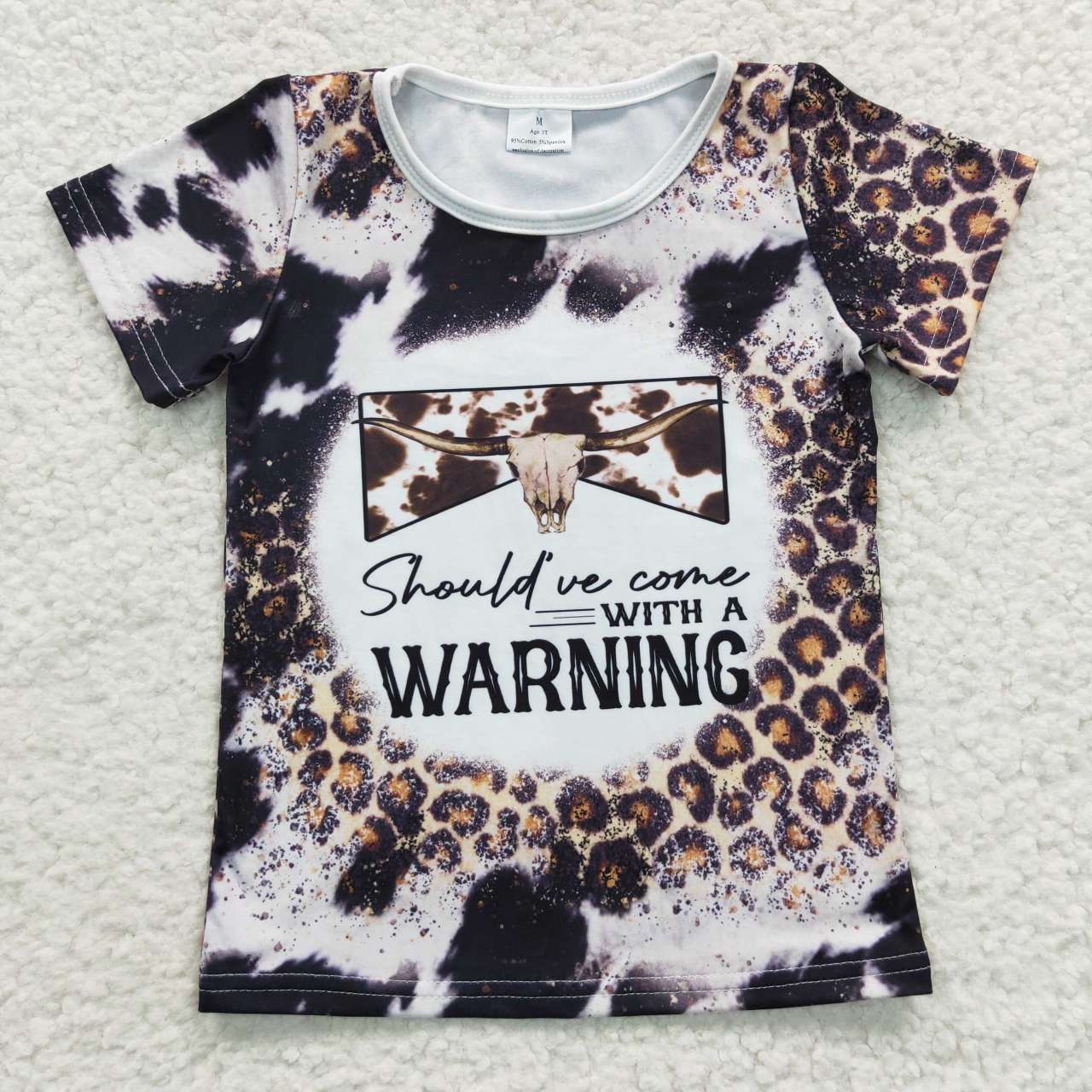 GT0194 WARNING Black Leopard Shorts Sleeves Girls Top