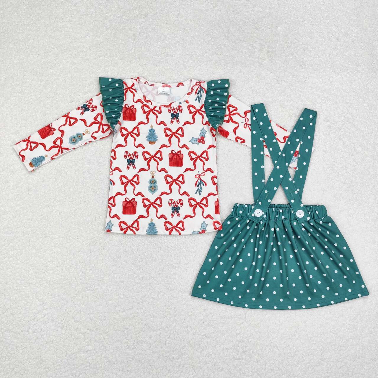 GLD0617 Christmas bows cane candy long sleeve green skirt girls set