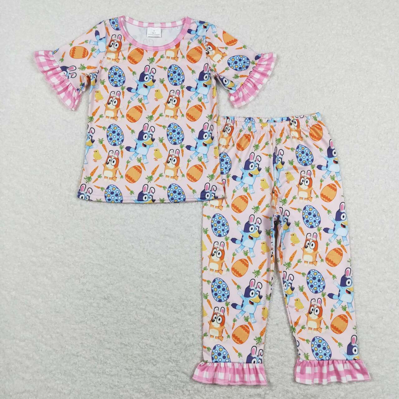 GSPO1253 Easter Cartoon Blue Dog Egg Carrot Pink Short Sleeve Pants Girls Pajamas