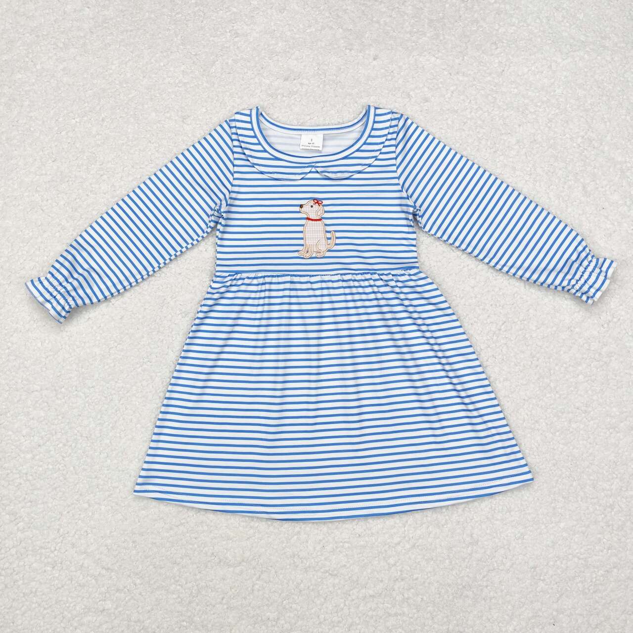 embroidery GLD0701 dog blue striped long sleeve girls dress