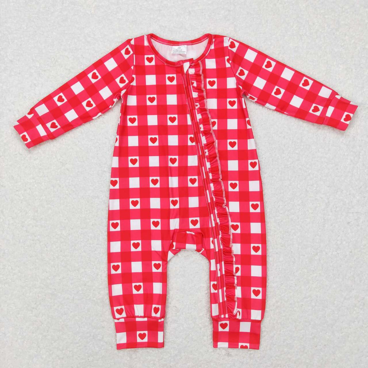 LR0832 Valentine's Day red heart checkered long sleeve ruffles girls romper