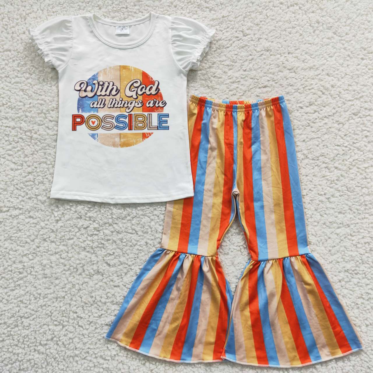 GSPO0684 With God White Short Sleeves Colorful Striped Bell Pants Girls Set