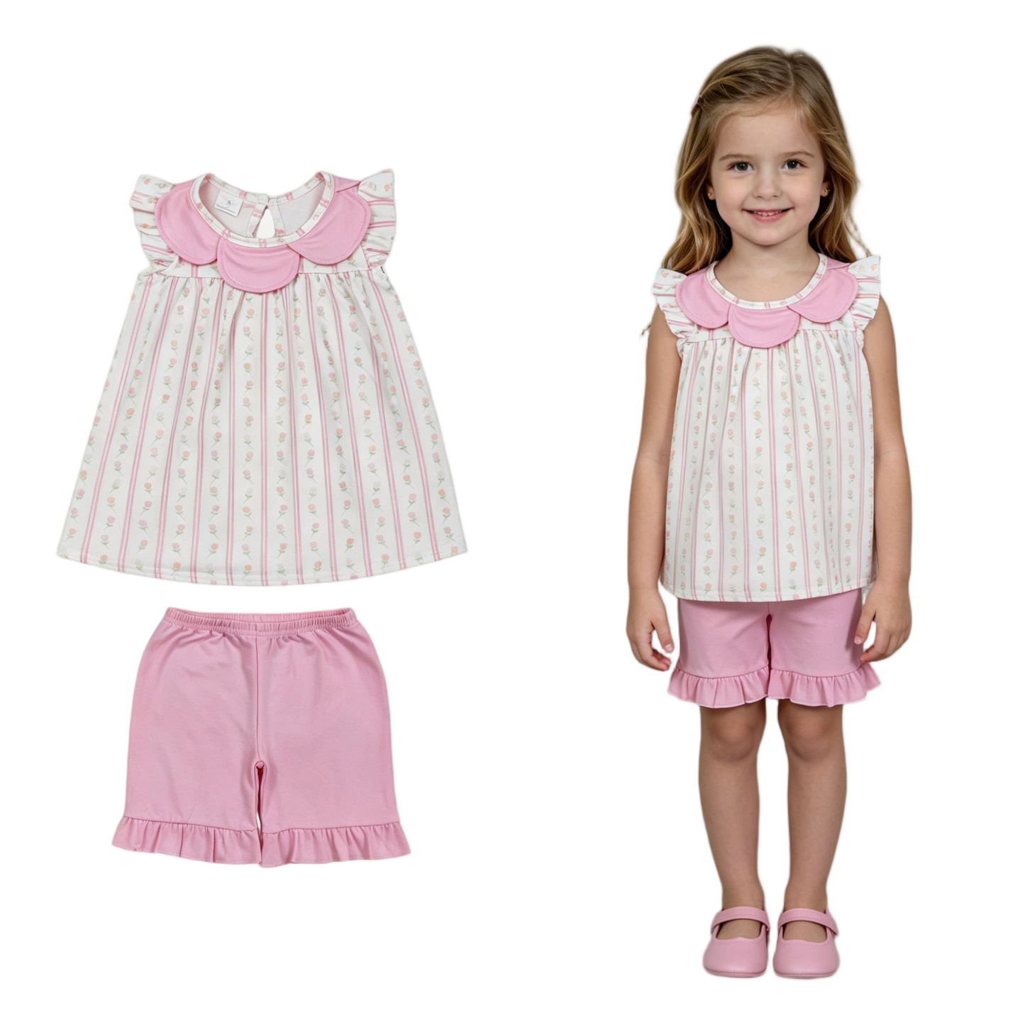 GSSO3363 Pink Flowers Flutter Sleeve Pink Shorts Girls Set