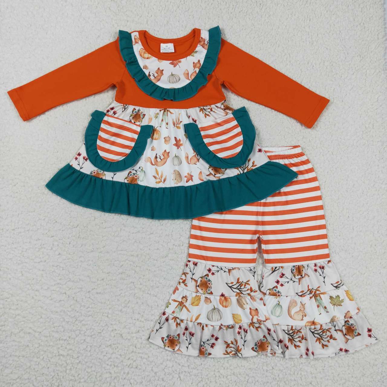 GLP0743 Pumpkin orange pocket long sleeve striped pants girls set