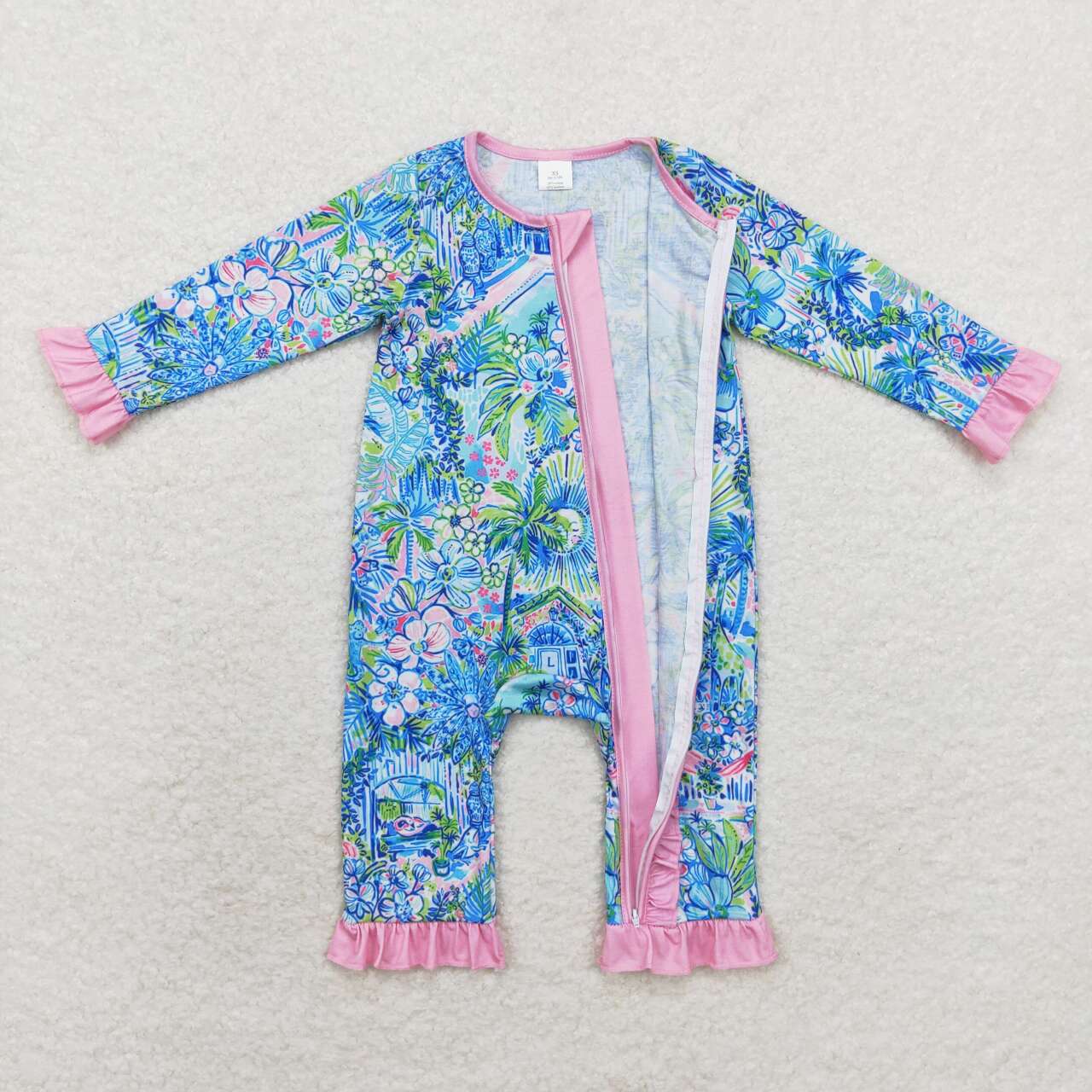 LR1339 bamboo colorful house flowers blue print long sleeve zipper girls romper