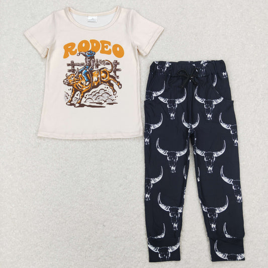 BSPO0309 Western Rodeo Short Sleeve Cow Black Pockets Pants Boys Set