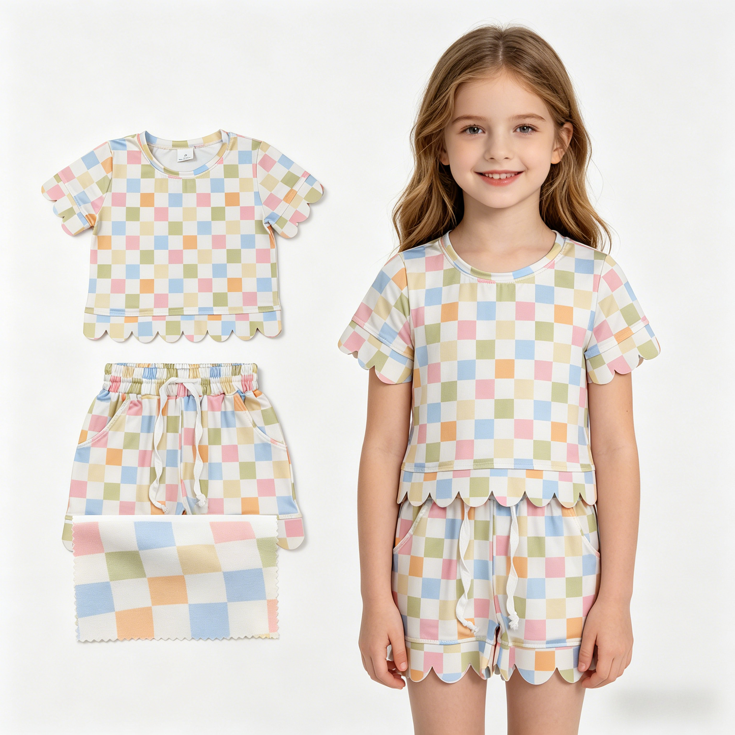 GSSO3419 Scallop Colorful Checkered Short Sleeve Shorts Girls Set