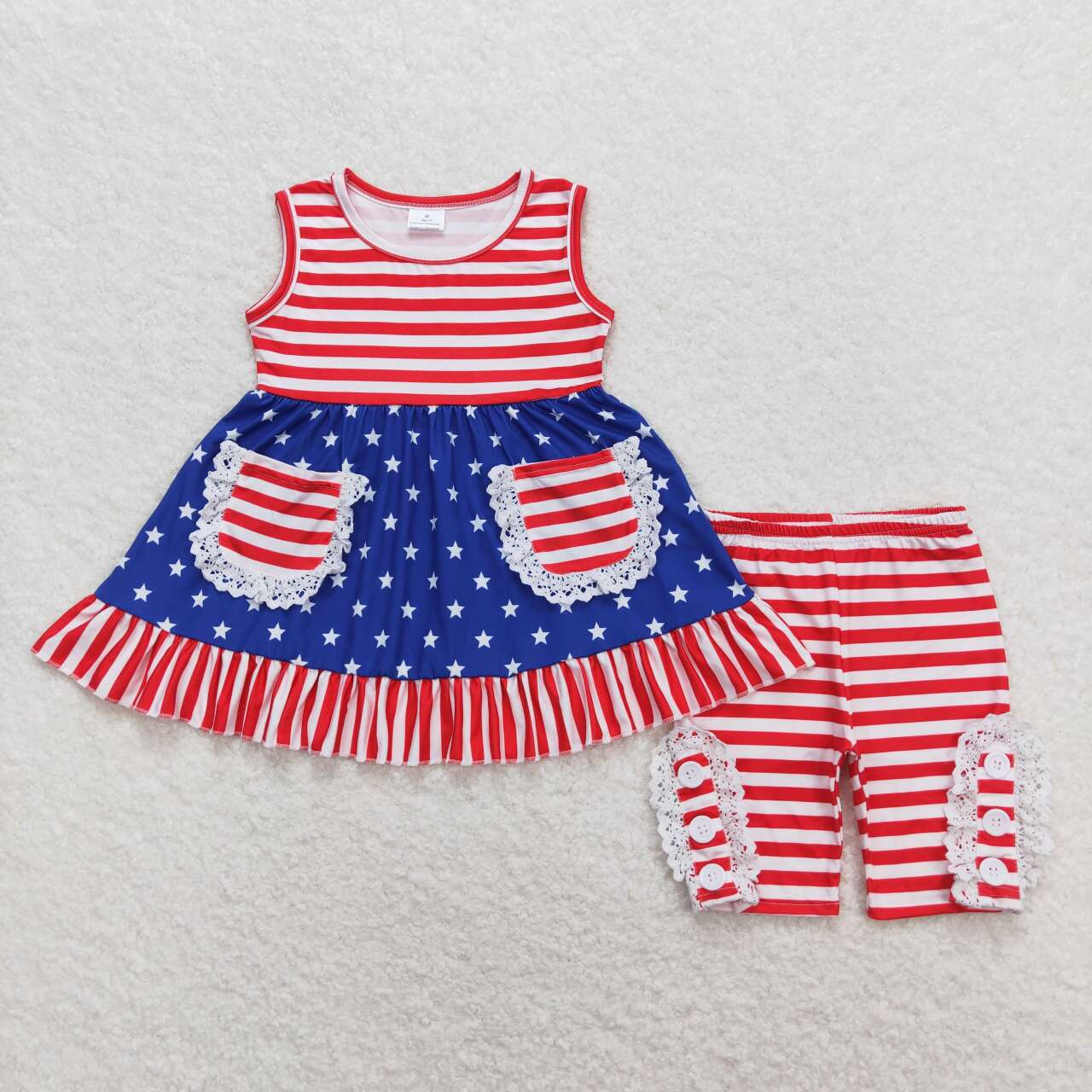 GSSO0855 July 4th star blue sleeveless red striped pants girls set