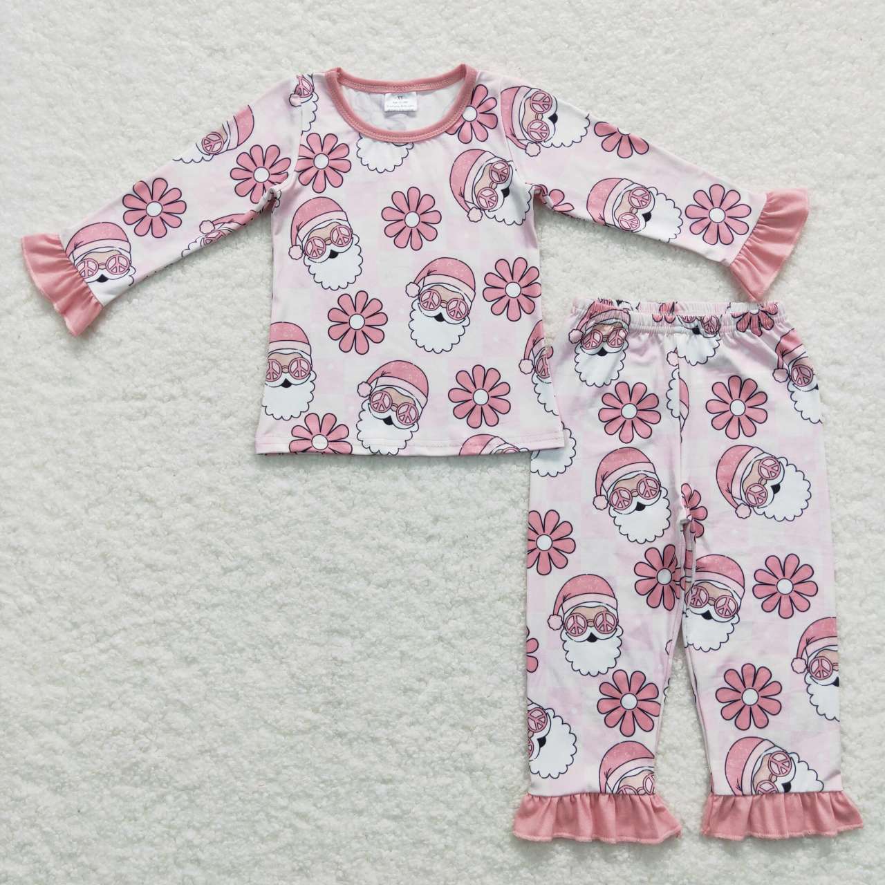 GLP0713 Christmas Santa Claus pink flowers long sleeve pants girls pajamas