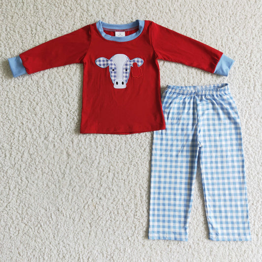 BLP0019 Embroidery Red Cow Boys Pajamas