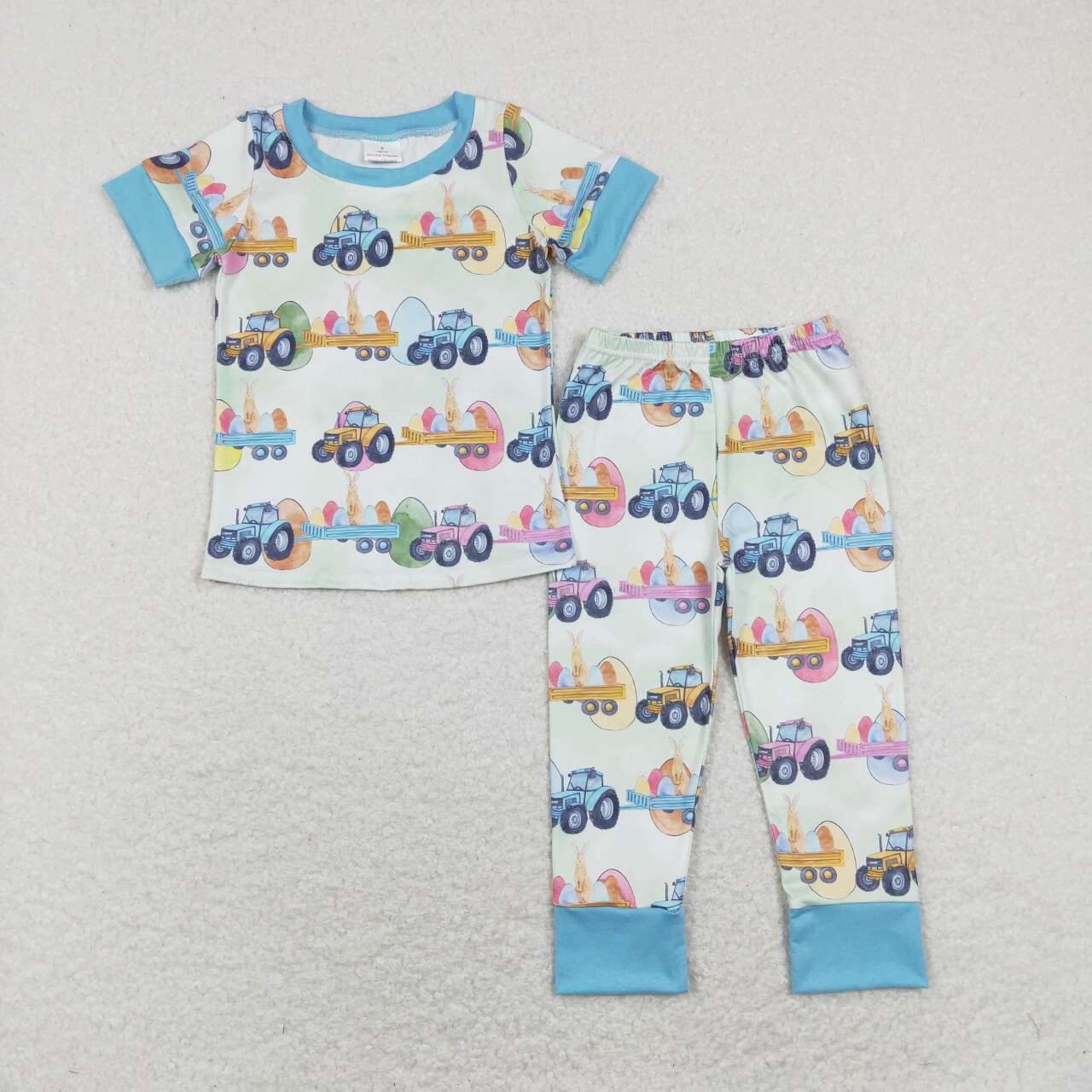BSPO0300 Easter Tractor Truck Egg Rabbit Blue Short Sleeve Pants Boys Pajamas