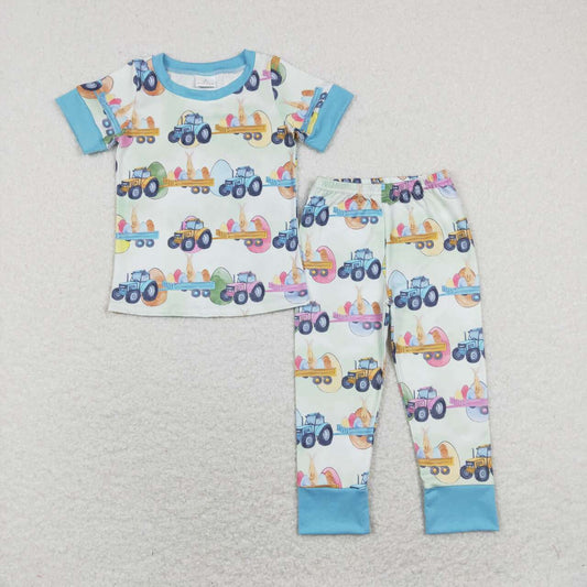 BSPO0300 Easter Tractor Truck Egg Rabbit Blue Short Sleeve Pants Boys Pajamas