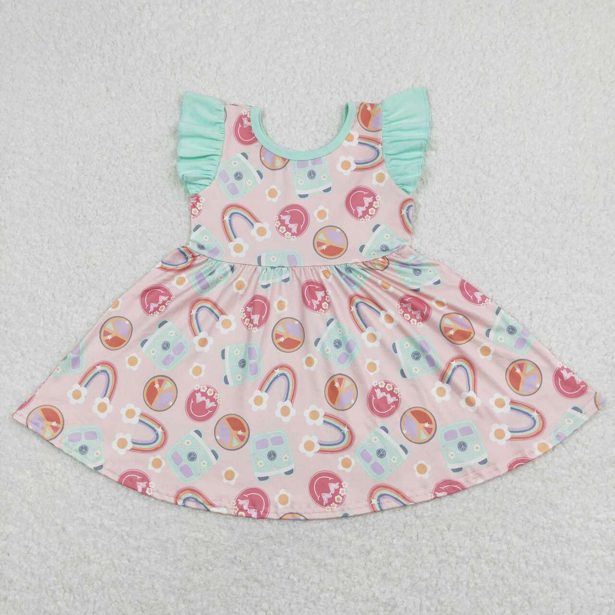 GSD0717 Camp Rainbow Bus Flowers Flutter Sleeve Girls Dress