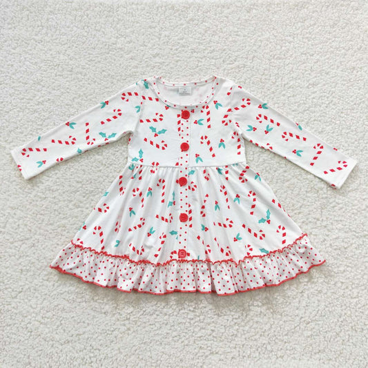 GLD0268 Christmas Candy White Long Sleeve Girls Dress