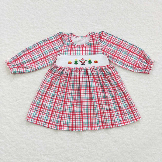 GLD0331 Christmas tree Santa Claus red & green striped long sleeve girls smocked dress