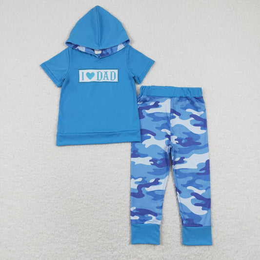 BSPO0281 Embroidery I Love Dad Blue Short Sleeve Hoodie Blue Camo Pants Boys Set