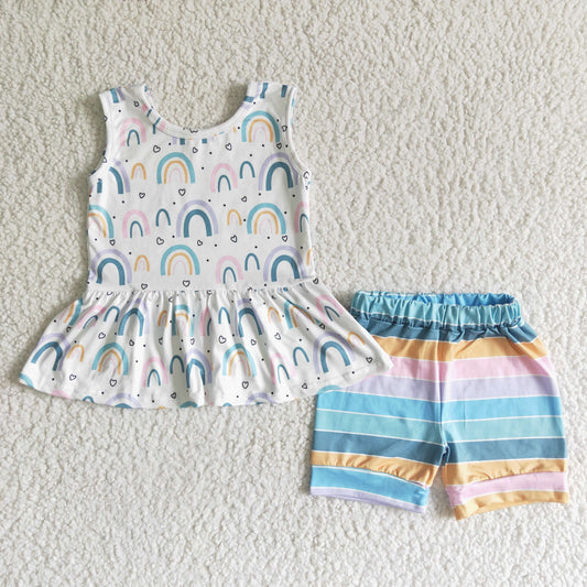 GSSO0011 Sleeveless Rainbow Striped Print Shorts Summer Girls Set