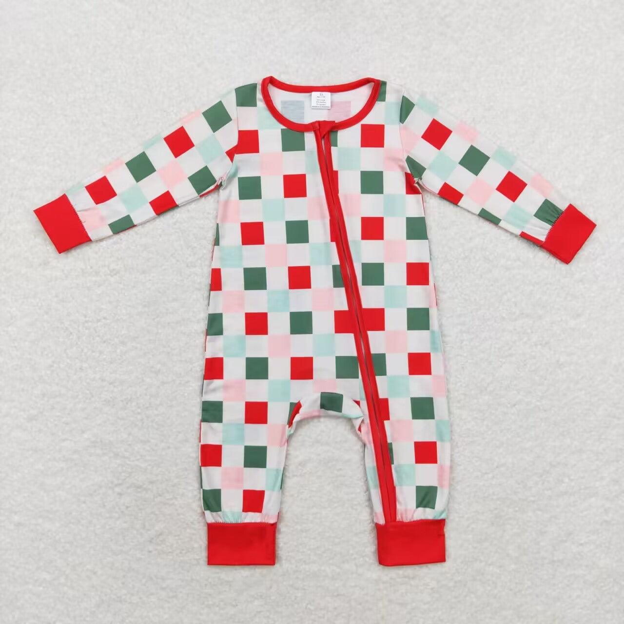 LR1197 bamboo Christmas green red checkered long sleeve girls zipper romper