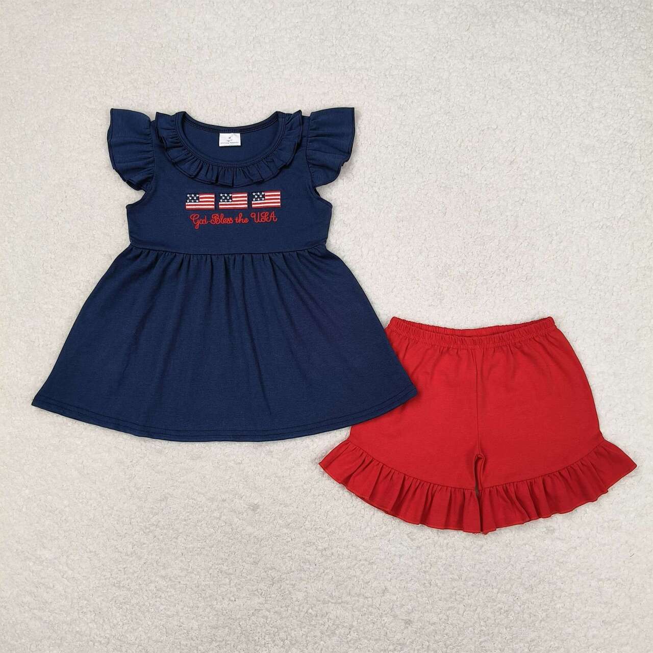 GSSO0805 embroidery July 4th flag dark navy blue flutter sleeve red shorts girls set