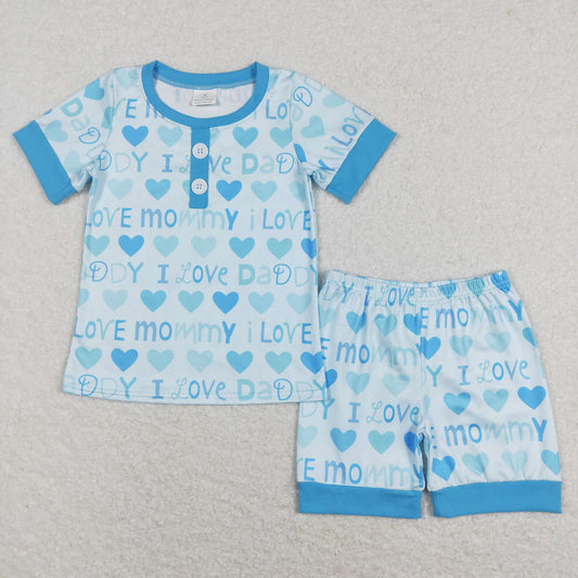 BSSO0411 I love mommy heart blue short sleeve shorts boys set