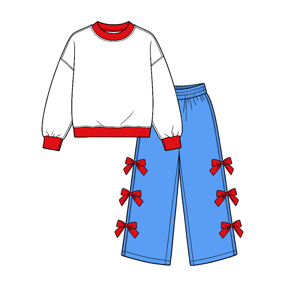 preorder GLP4038 Cotton White Long Sleeve Bows Navy Blue Pants Girls Set