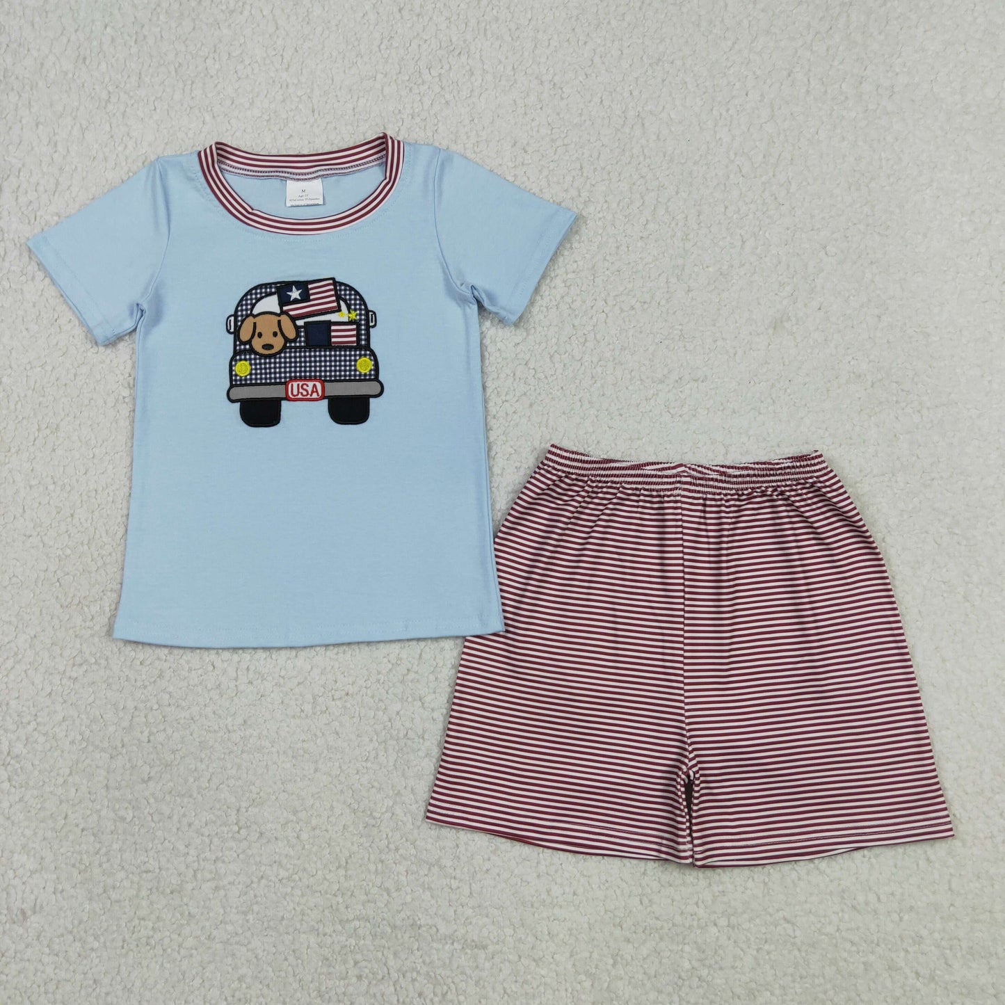 Embroidery BSSO1918 July 4th Dog Truck Blue Short Sleeve Red Shorts Boys Set