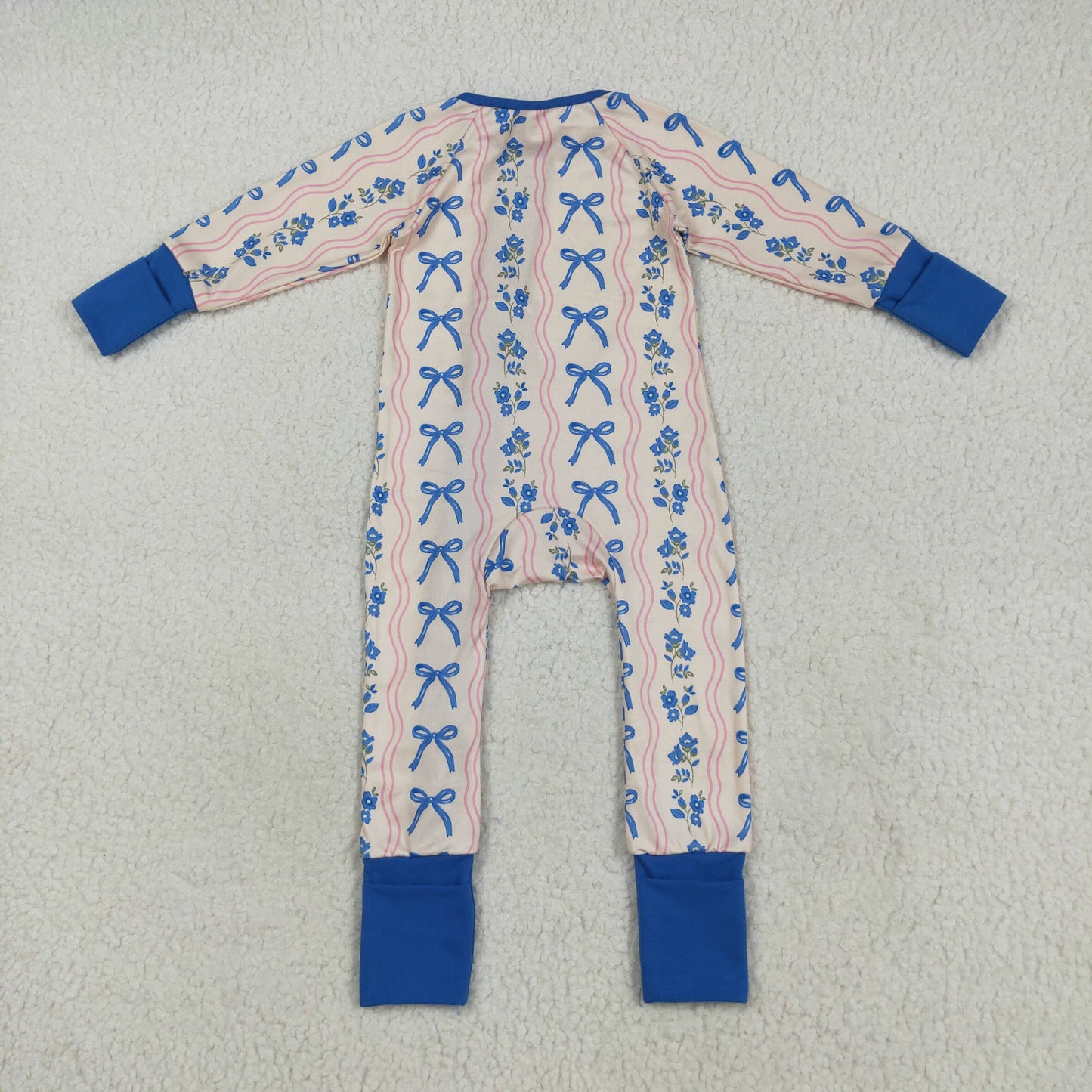 Custom moq 20 bamboo blue flowers bows long sleeve zipper girls romper