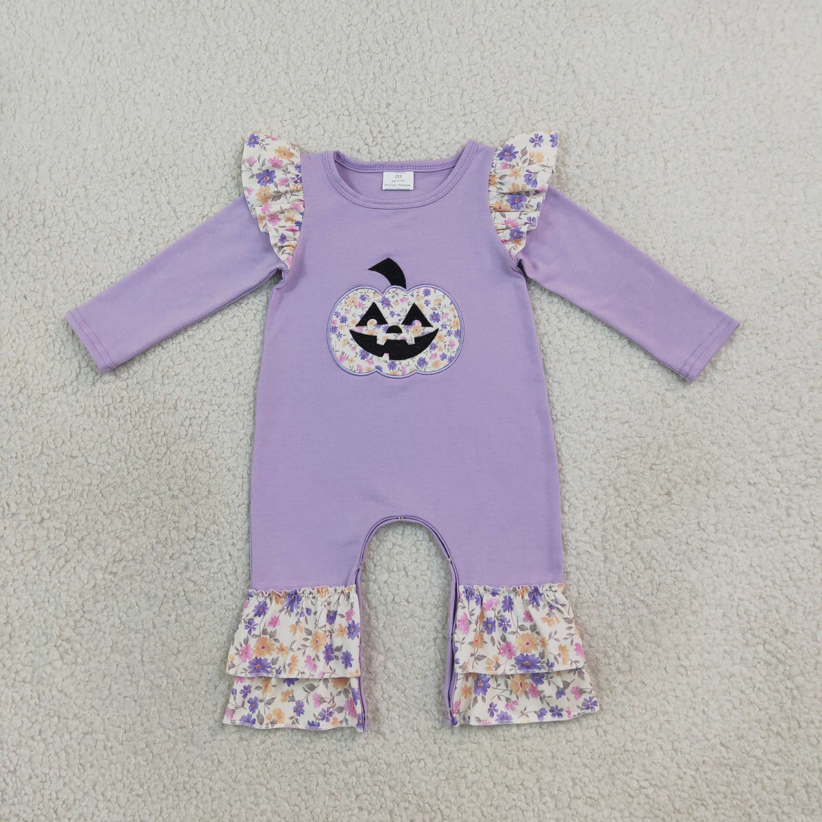 Embroidery LR3221 Halloween Smile Pumpkin Purple Long Sleeve Girls Romper