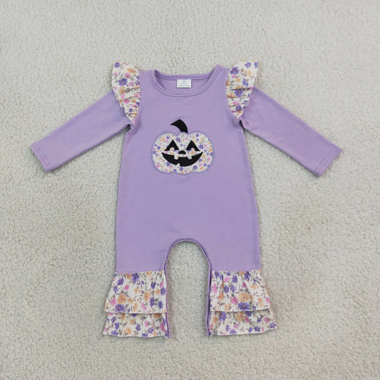 Embroidery LR3221 Halloween Smile Pumpkin Purple Long Sleeve Girls Romper