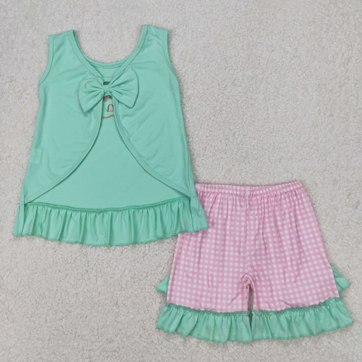 embroidery GSSO1983 Beach Castle Shell Mint Sleeveless Pink Checkered Shorts Girls Set