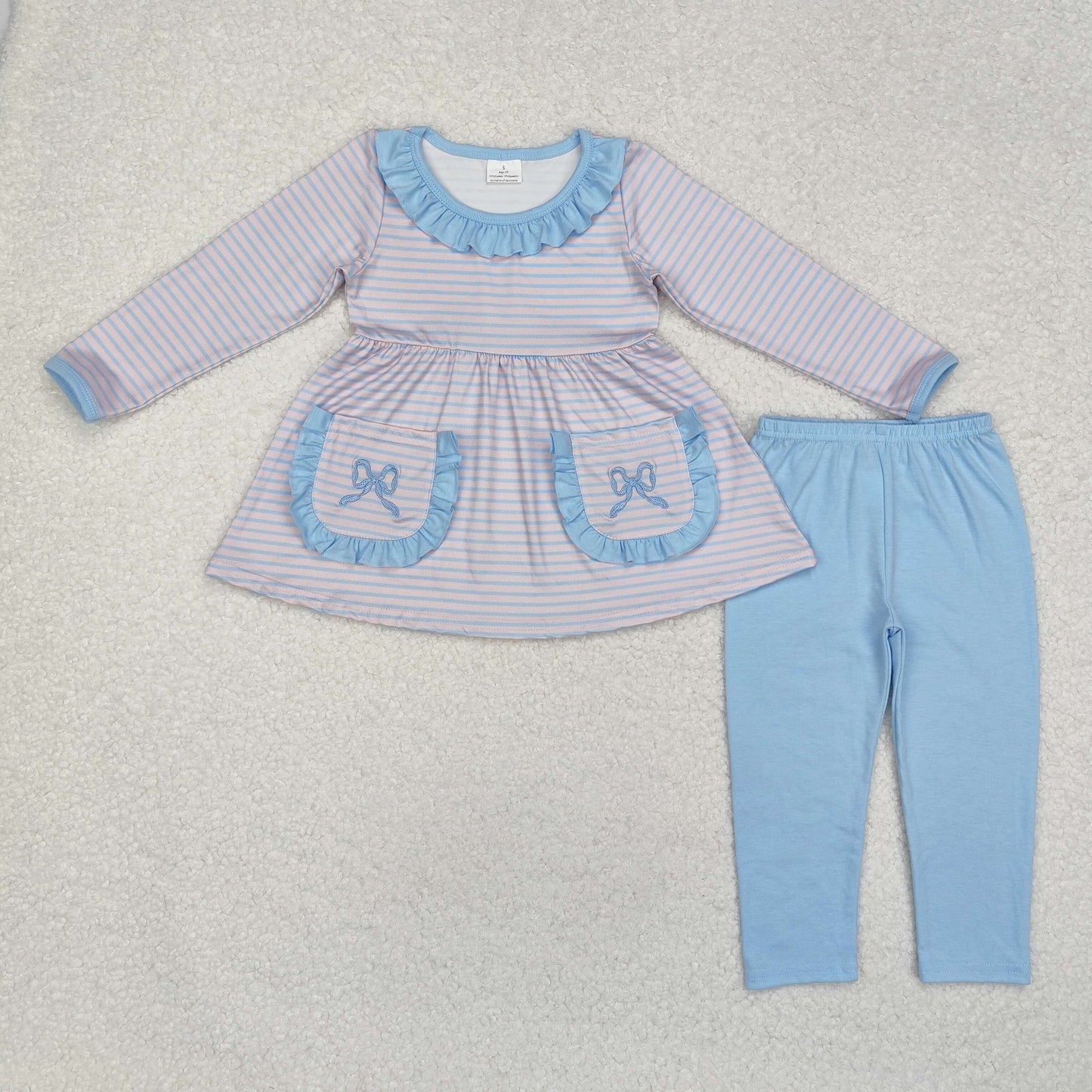 embroidery GLP1389 blue bows pockets striped long sleeve blue pants girls set