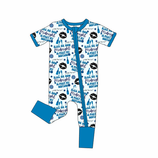 custom kiss me now blue short sleeve zipper boys romper