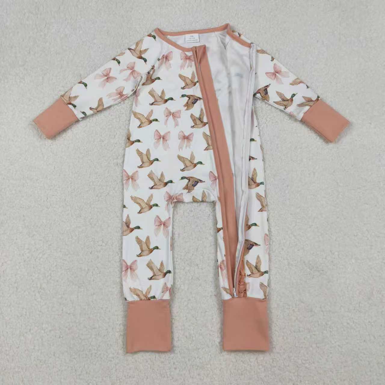 mallard duck pink bows romper/pajamas RTS Sibling Clothes