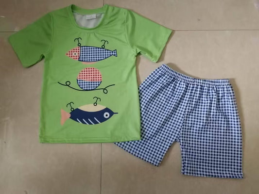 custom S fishing green short sleeve blue checkered shorts boys set
