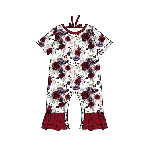 custom Red purple flowers short sleeve girls romper