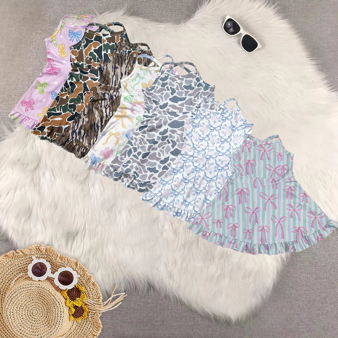 yoga dress with shorts camo/bows RTS Sibling Clothes