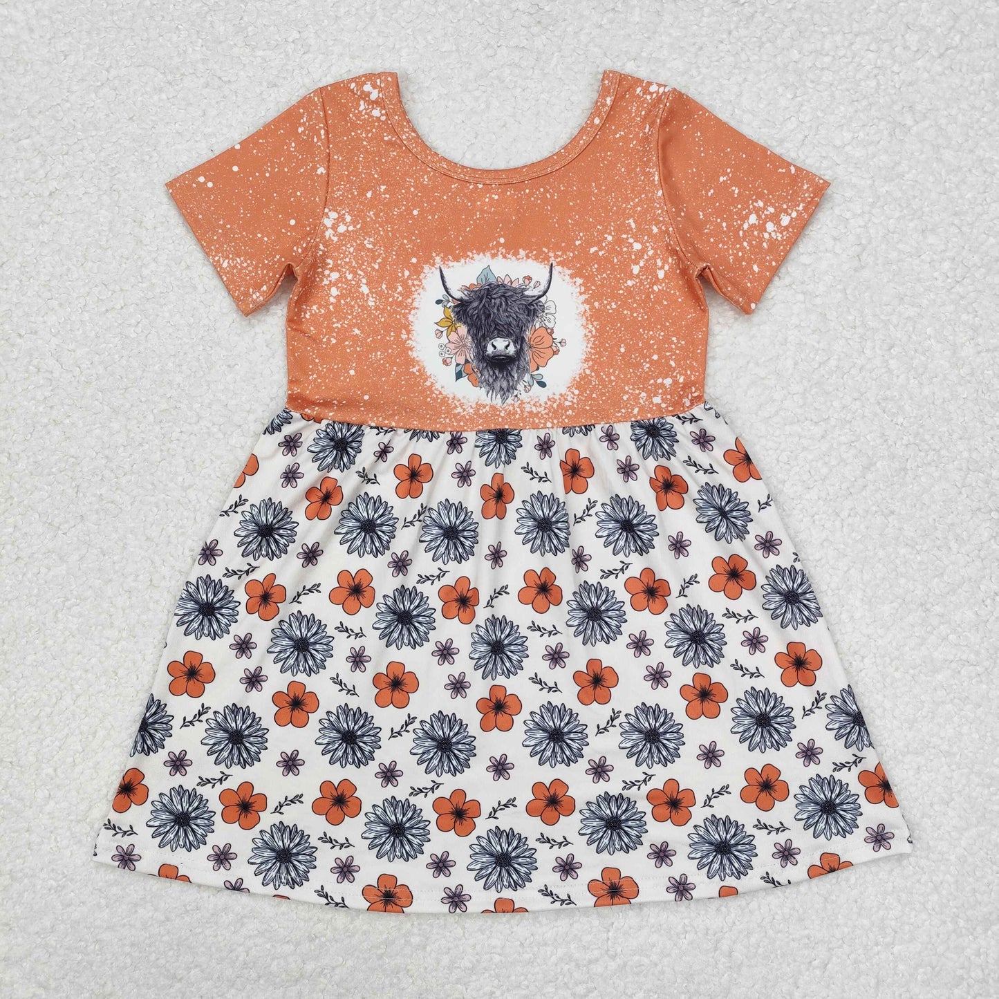 GSD1253 highland cow flowers orange short sleeve girls dress