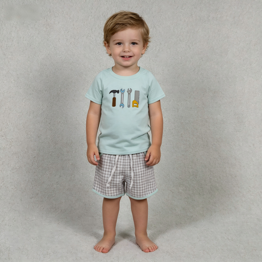 Embroidery BSSO1666 Cartoon Tools Short Sleeve Checkered Shorts Boys Set