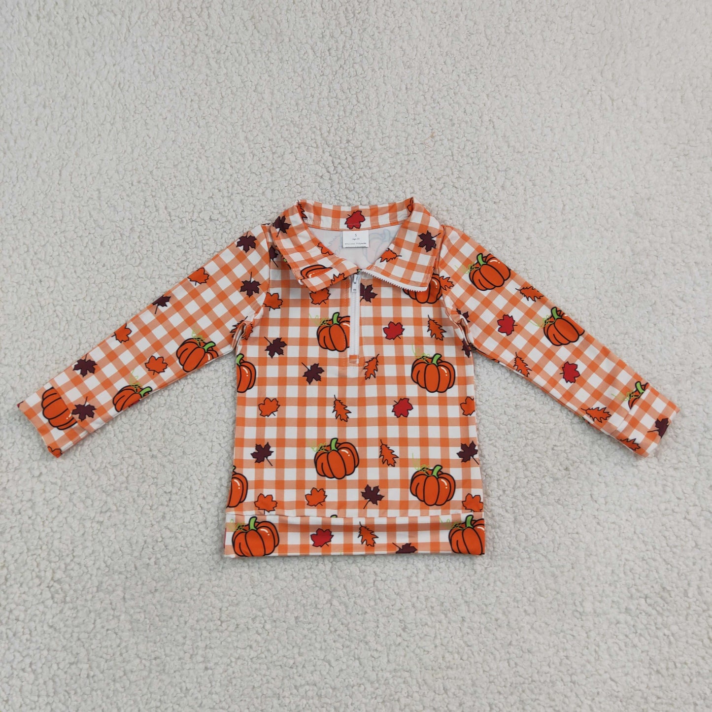 BT1895 Pumpkin Orange Checkered Zipper Long Sleeve Boys Top