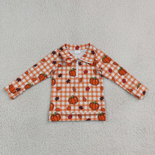 BT1895 Pumpkin Orange Checkered Zipper Long Sleeve Boys Top