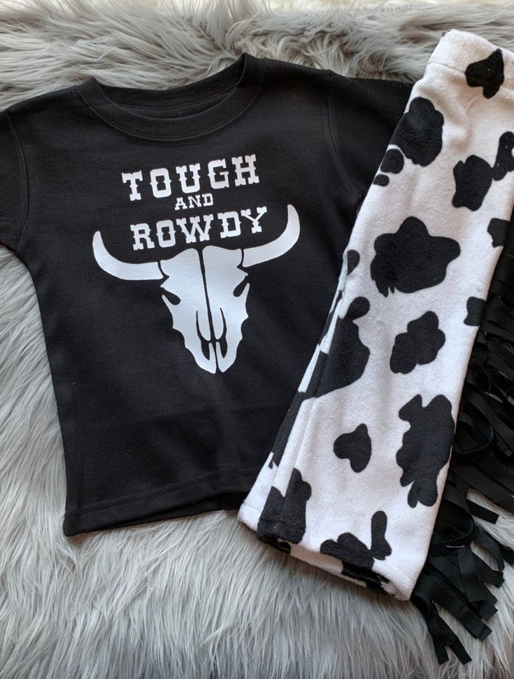 custom Tough and rowdy cow black short sleeve cow print shorts kids set