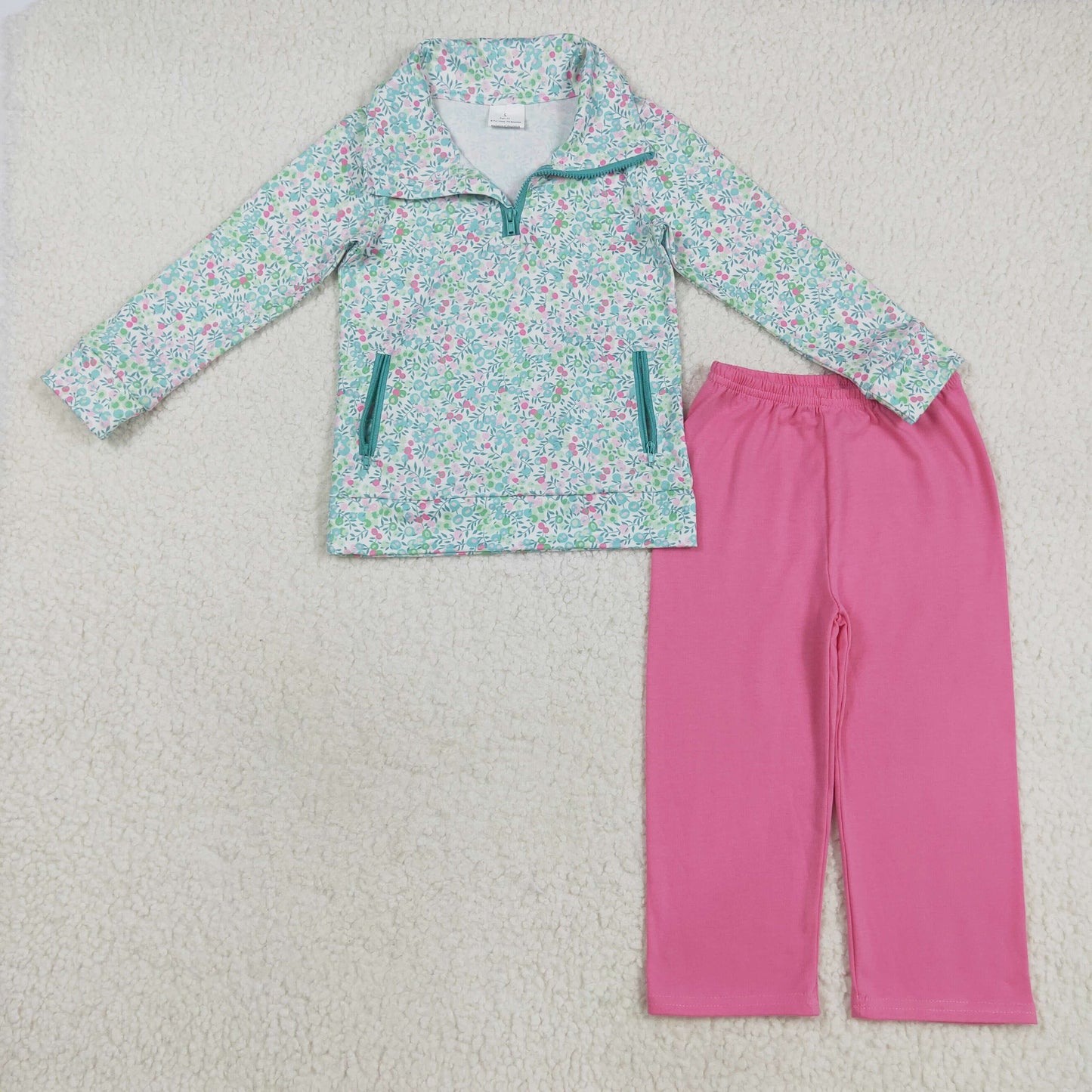 GLP2414 colorful flowers floral zipper long sleeve pink pants girls set