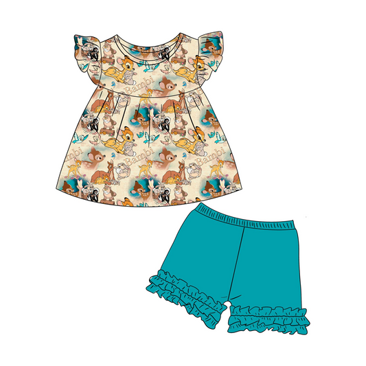 custom cute cartoon deer flutter sleeve green ruffles shorts girls set