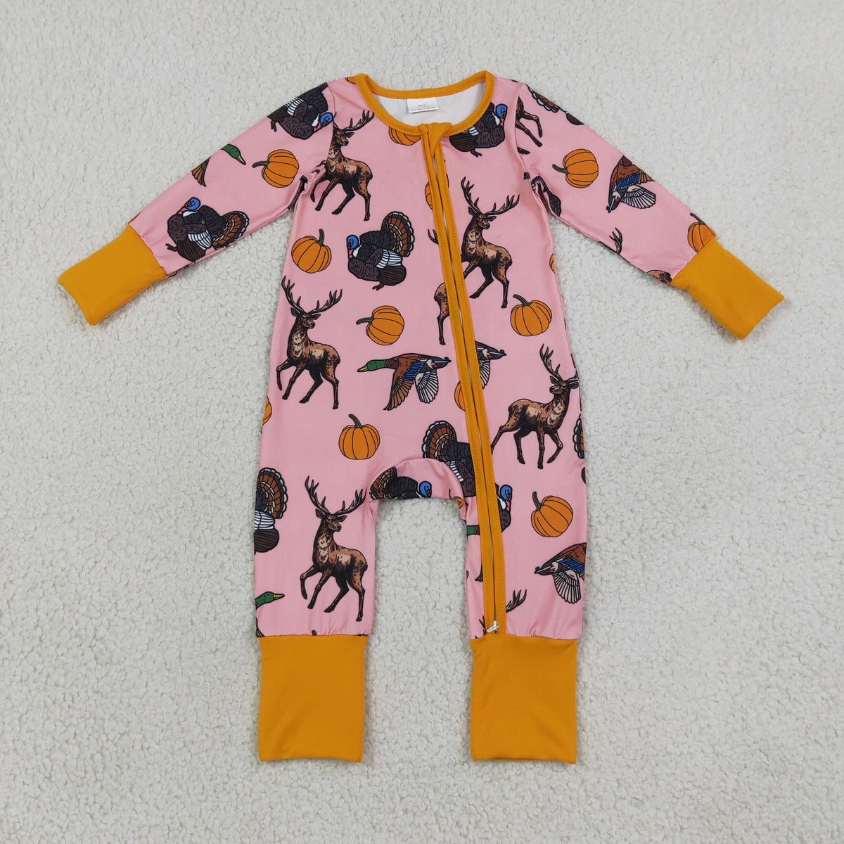 LR3252 Thanksgiving Turkey Pumpkin Zipper Long Sleeve Girls Romper