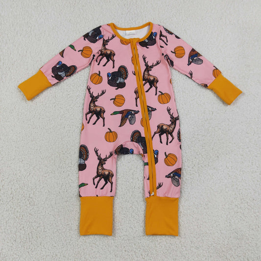 LR3252 Thanksgiving Turkey Pumpkin Zipper Long Sleeve Girls Romper